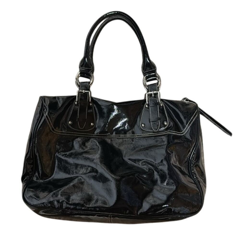 DNKY Black Patent Leather Y2K 80s Dark Academia Goth Handbag Purse Travel Bag - Picture 2 of 8